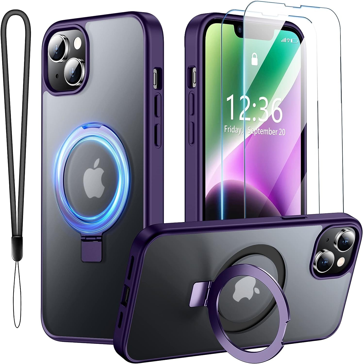 SPIDERCASE for Iphone 14 plus Case with Magnetic Invisible Stand,[Compatible for Magsafe][Military Grade Shockproof][2 Pack Tempered Glass Screen Protector] Translucent Matte Phone Case, Black  SPIDERCASE Purple Iphone 13/14 