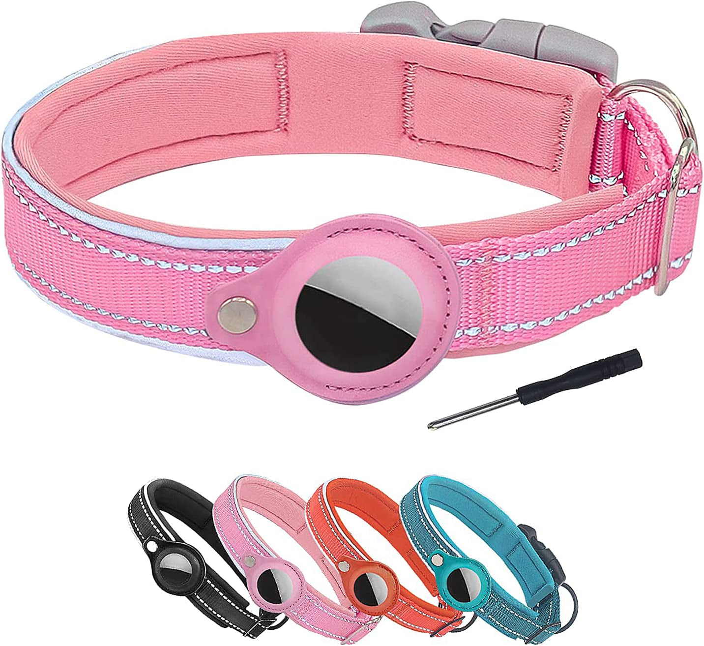 DERLOW Dog Collar with Airtag Case, Reflective Soft Neoprene Padded Breathable Nylon Pet Collar, Adjustable Airtag Dog Collar Holder for Small Medium Large Dogs, Black M  DERLOW Pink Large:(17-20in) 