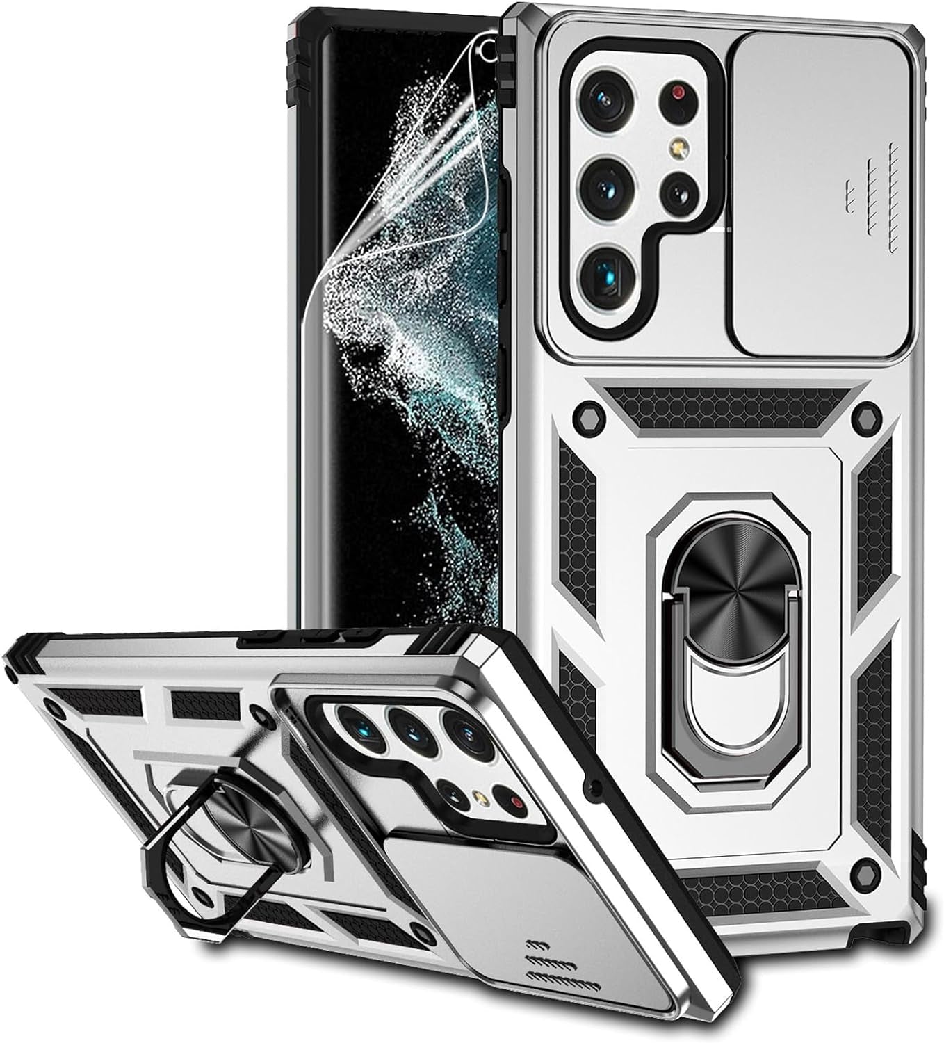 For Samsung Galaxy S22 Ultra Case with Camera Lens Cover HD Screen Protector, Military-Grade Drop Tested Magnetic Ring Holder Kickstand Protective Phone Case for Samsung Galaxy S22 Ultra 5G (Purple)  JINZHI Inc Silver With Camera Cover Military-Grade 2Nd Gen  