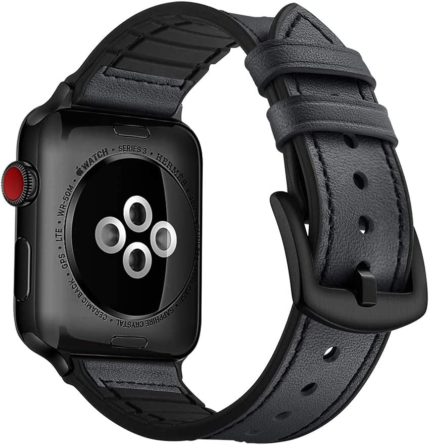 OUHENG Compatible with Apple Watch Band 49Mm 45Mm 44Mm 42Mm, Sweatproof Genuine Leather and Rubber Hybrid Band Strap for Iwatch Ultra Series 8 7 6 5 4 3 2 1 SE2 SE, Brown Band with Black Adapter  OUHENG Dark Gray/Black 41mm/40mm/38mm 