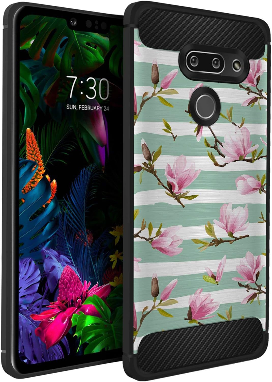 Casesondeck Case Compatible with [LG G8 Thinq/Lg G8] Tribal Floral Matte TPU Flexible Carbon Fiber Textured (Buffalo Western)  CasesonDeck Stripe Flowers  