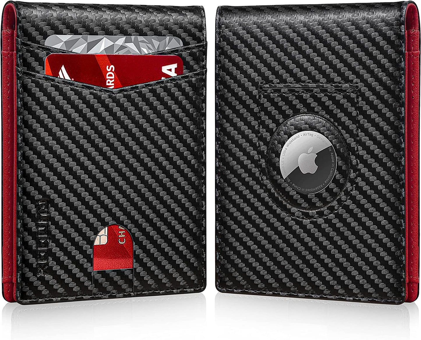 RUNBOX Airtag Wallet for Men-Mens Wallets with Slim Bifold-Air Tag Holder-Rfid Blocking Wallet-Id Window 12 Cards Gift for Men  RUNBOX Carbon Black n Red  