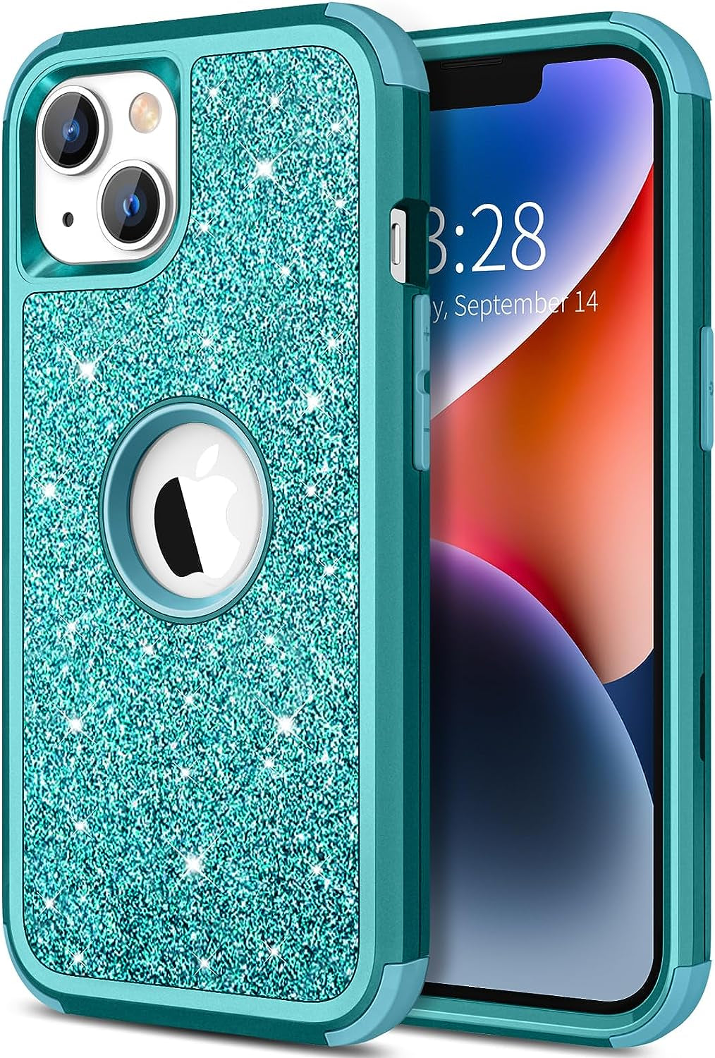 Hython for Iphone 14 plus Case, Heavy Duty Full-Body Defender Protective Phone Cases Glitter Bling Sparkle Hard Shell Hybrid Shockproof/Drop Proof 3-Layer Military Rubber Bumper Cover for Women Girls  Hython Teal  