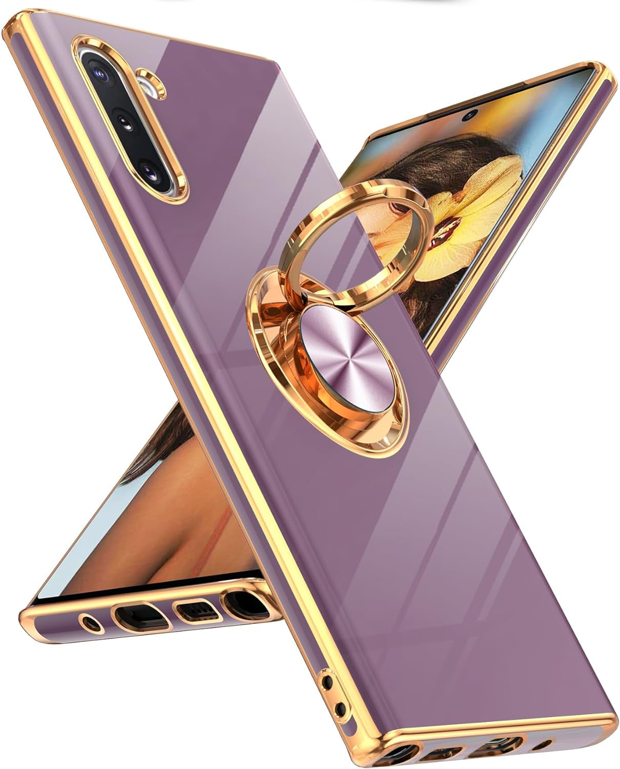 Leyi for Samsung Galaxy Note 10 Case 360° Rotatable Ring Holder Magnetic Kickstand, Plating Rose Gold Edge Protective Case [ Not Applicable Note 10 Plus], White  LeYi Purple  