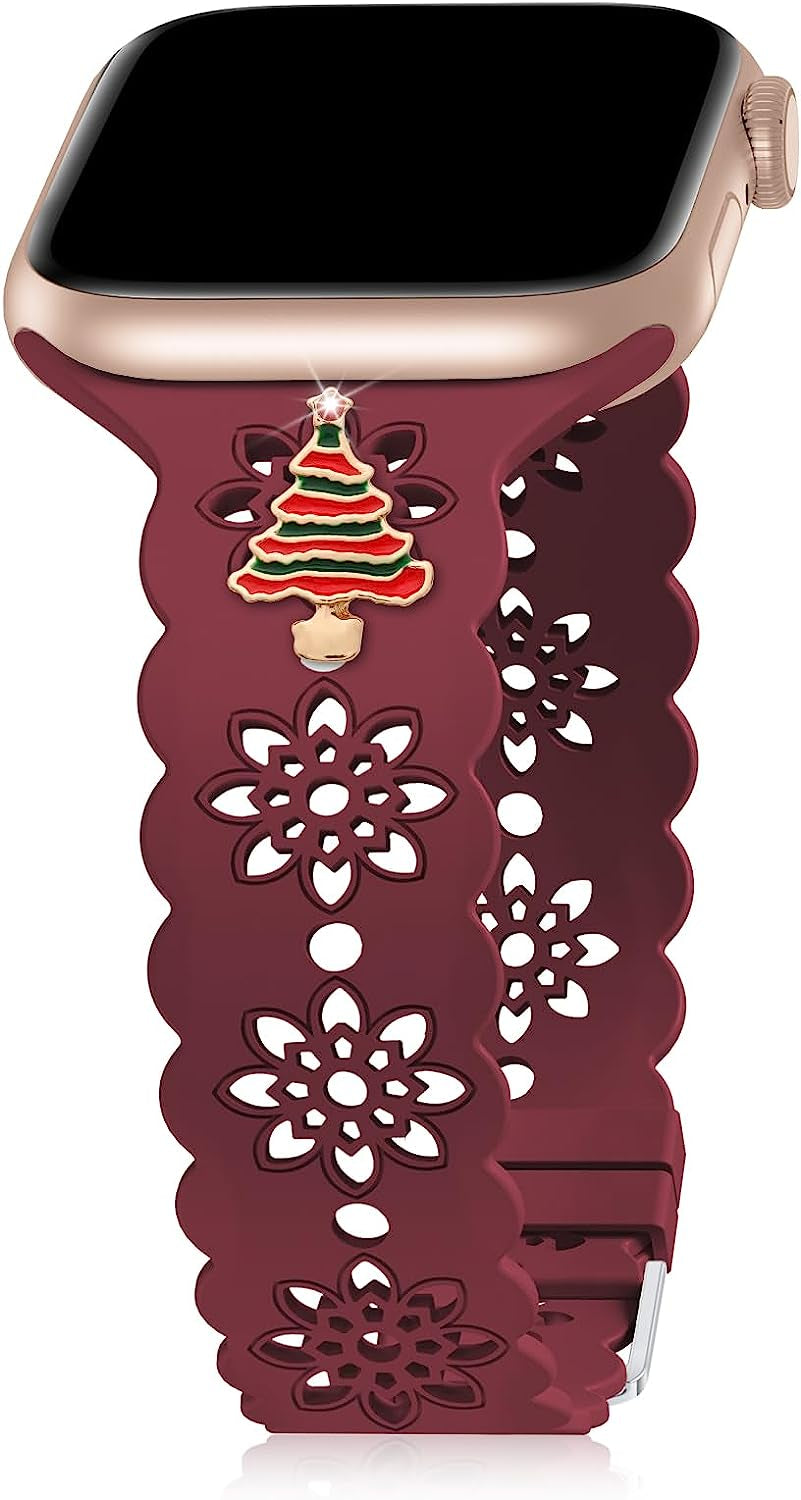 Floral Silicone Band Compatible with Apple Watch Bands 38Mm 40Mm 42Mm 44Mm 41Mm 45Mm 49Mm Women Men, Slim Hollow-Out Design Wristbands Soft Sport Breathable Watch Bands for Iwatch Ultra SE Series 8/7/6/5/4/3/2/1  Wewatri Wine Red with Christmas Tree Charms 38mm/40mm/41mm 