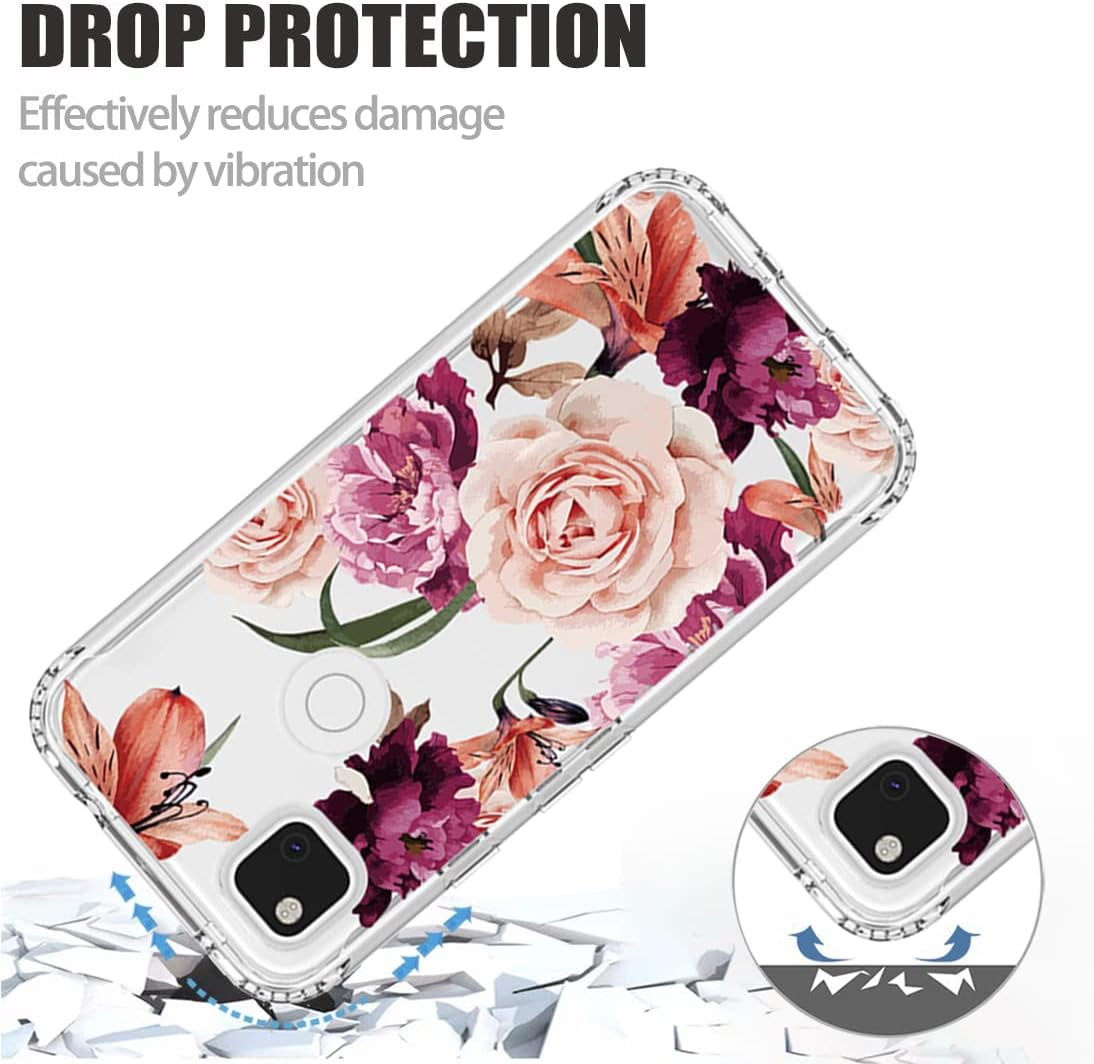 Ueokeird Case for Google Pixel 4A (Not Fit 4A 5G) G025J Case with Tempered-Glass Screen Protector, Cute Clear Floral Pattern Full Body Protective Phone Cover Cases for Google Pixel 4A (Purple Flower)  Ueokeird   