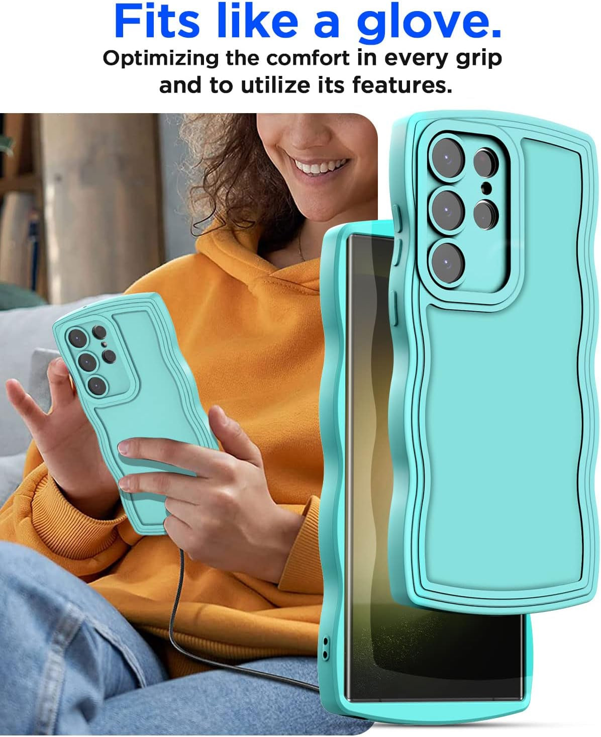 Aicase Cute Solid Color Curly Wave Frame Soft Compatible with Samsung Galaxy Phone Case (Blue, Galaxy S22 Ultra)  AICase   