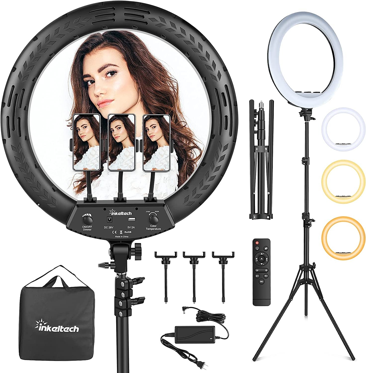 Inkeltech 21Inch Ring Light with Tripod and Phone Holder, 3000K-6000K Dimmable Bi-Color LED Light Ring for Makeup, Selfie, Vlog, Youtube Video, Camera - Control with Remote  Inkeltech Black 18 inch 