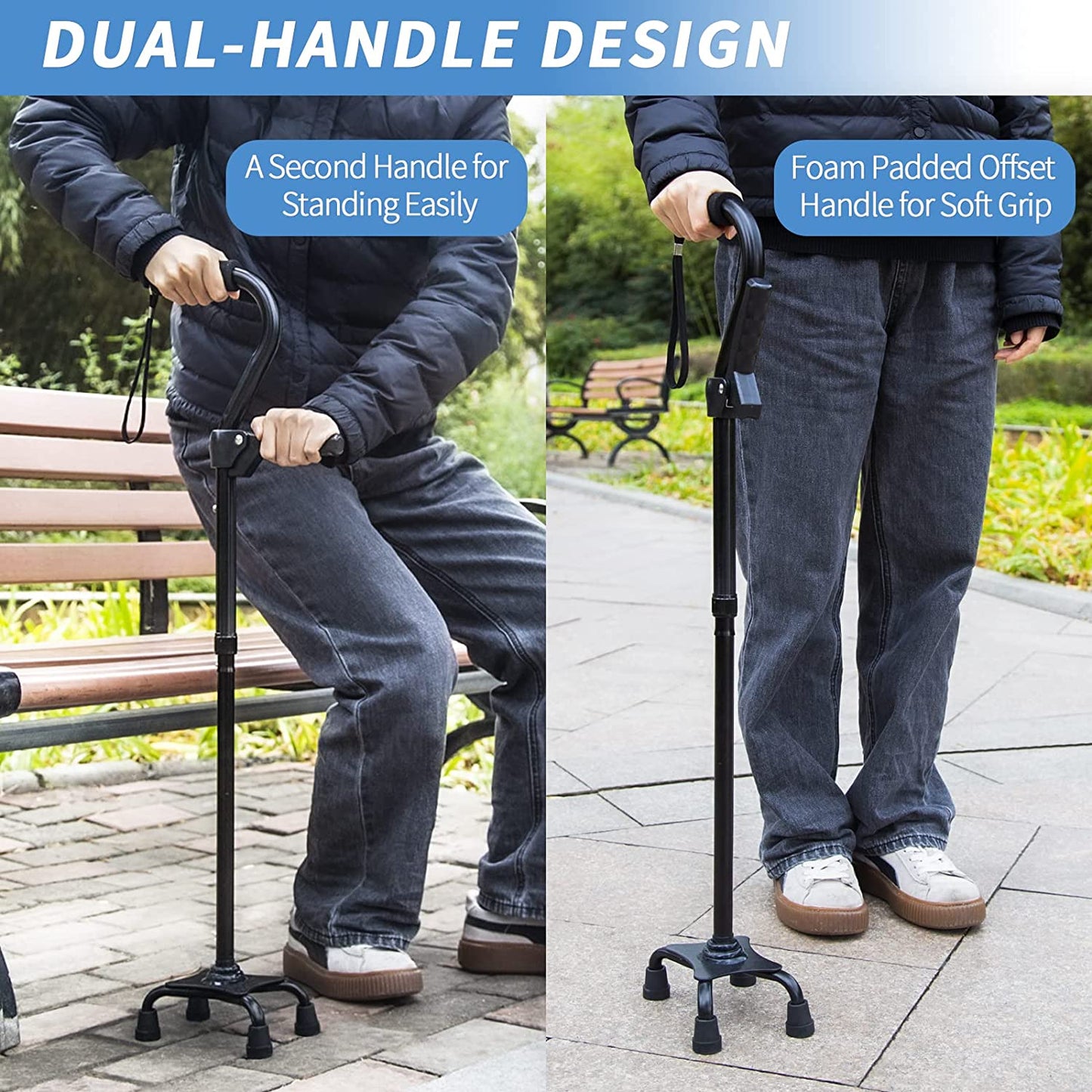 Adjustable Walking Cane for Men & Women with 4-Pronged Base for Extra Stability - Foldable Cane for Seniors with Foam Padded Offset Handle for Soft Grip & a Second Handle for Standing Black  KingPavonini   