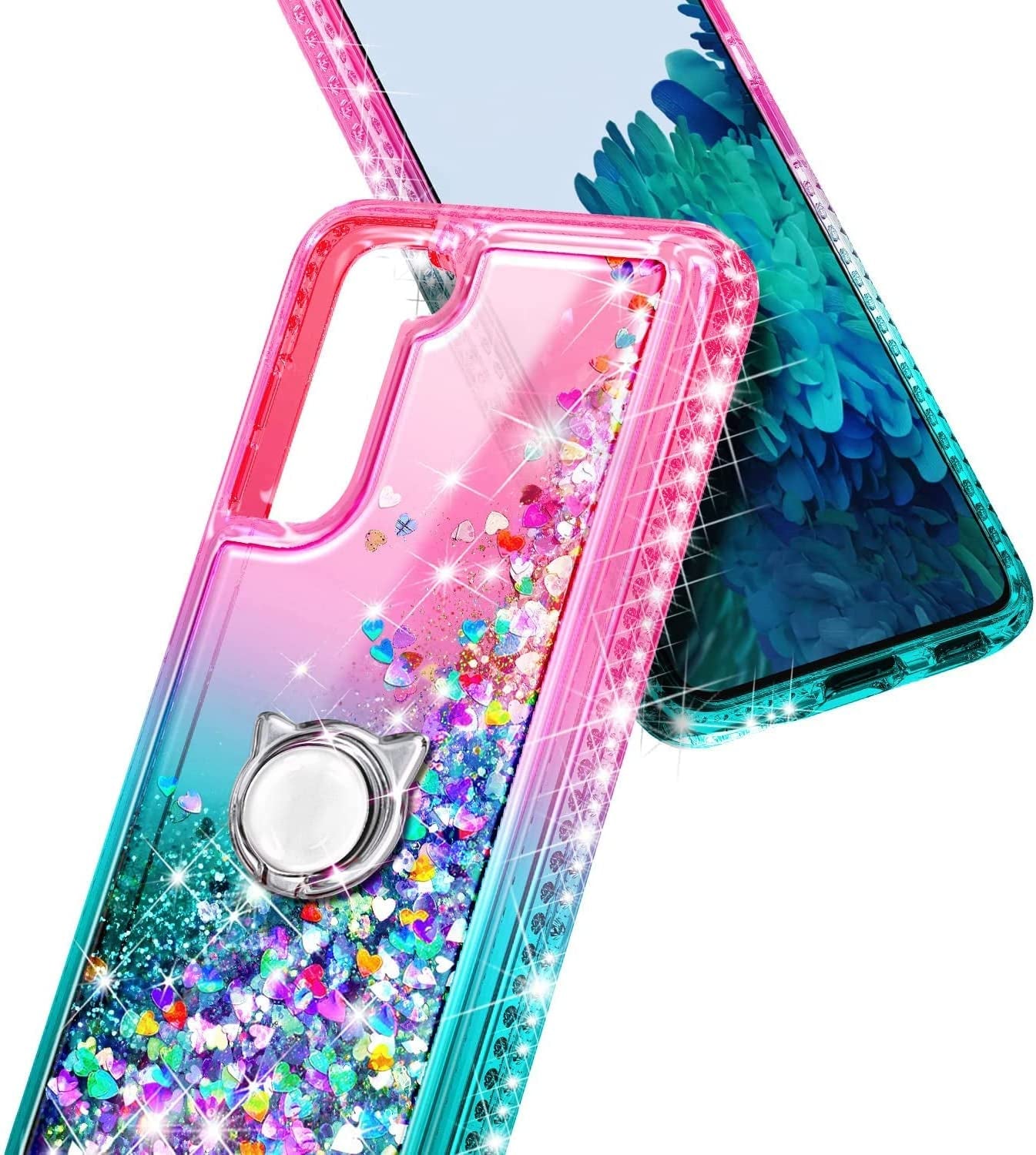 NGB Case for Samsung Galaxy S21 plus with Screen Protector (Maximum Coverage, Flexible TPU Film), Ring Holder, Girls Women Liquid Bling Sparkle Fashion Glitter Clear Cute Case (Pink/Aqua)  NGB   