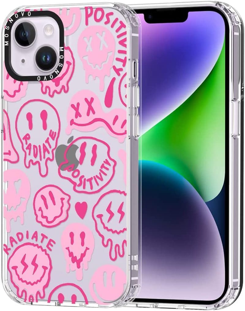 MOSNOVO Compatible with Iphone 14 plus Case, [Buffertech 6.6 Ft Drop Impact] [Anti Peel off Tech] Transparent Clear TPU Bumper Phone Case Cover with Floral Skull Designed for Iphone 14 plus 6.7"  MOSNOVO Pink Dripping Smiles Positivity Radiate Face  