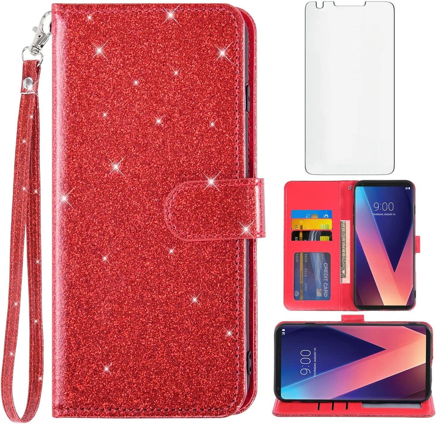 Asuwish Phone Case for LG V35 Thinq V30 plus with Tempered Glass Screen Protector and Glitter Wallet Cover Card Holder Slot Stand Flip LGV30 LGV35 LG30 LG35 V 30 35 V30+ 30+ V30S H931 Women Men Red  Asuwish   