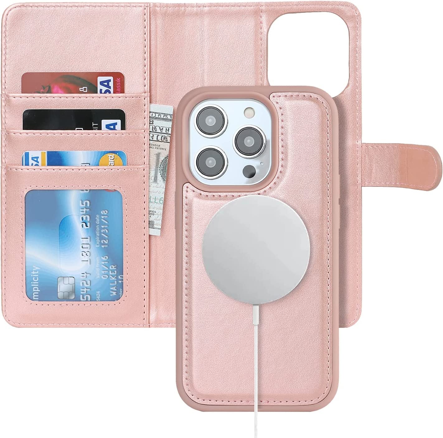 Ｈａｖａｙａ Iphone 13 Pro Max Wallet Case Magsafe,Iphone 12 Pro Max Wallet Case Detachable Magnetic,Iphone 13 Pro Max Phone Case Wallet with Card Holder for Women,Flip Magnetica Cover for Men-Blue  Ｈａｖａｙａ Rose Gold iPhone 14 Pro 