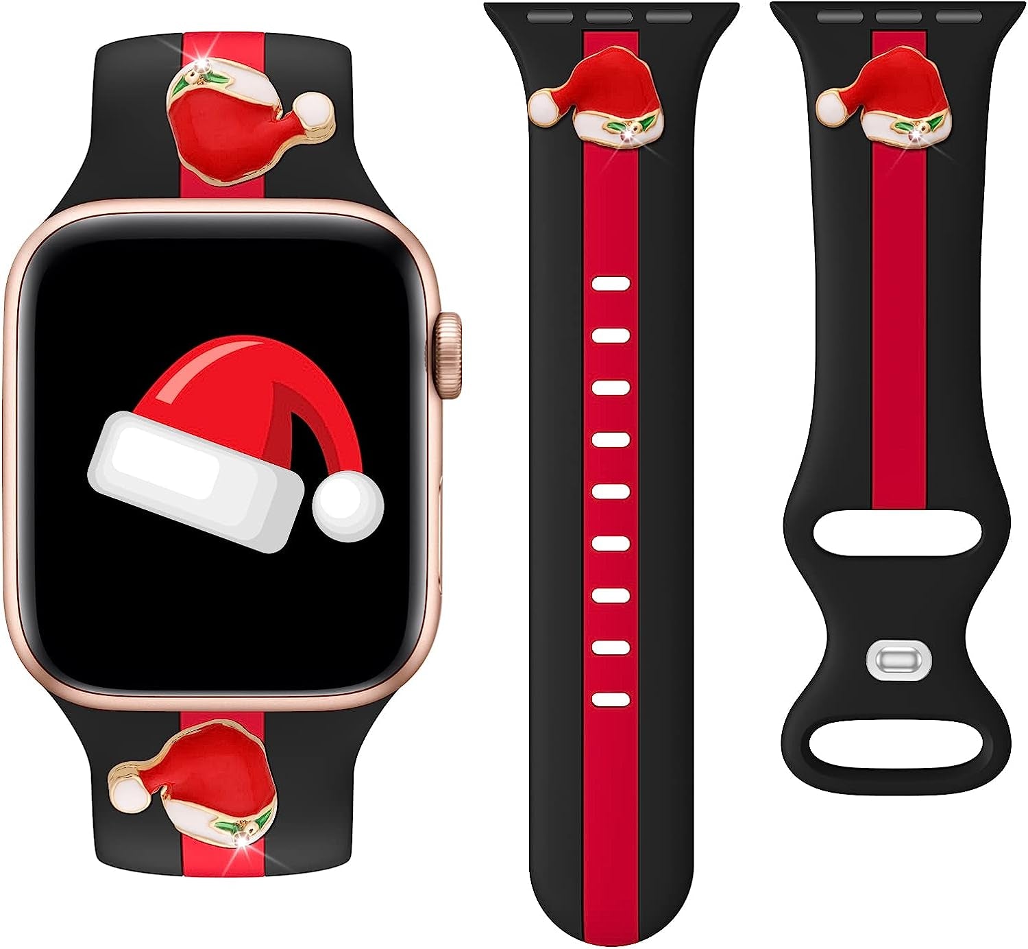 Designer Sport Band Compatible with Apple Watch Iwatch Bands 38Mm 40Mm 41Mm 42Mm 44Mm 45Mm 49Mm Men Women, Soft Silicone Strap Wristbands for Apple Watch Series 8/7/6/5/4/3/2/1/Se/Ultra  seizehe Black Red with christmas hat charms 38mm/40mm/41mm 