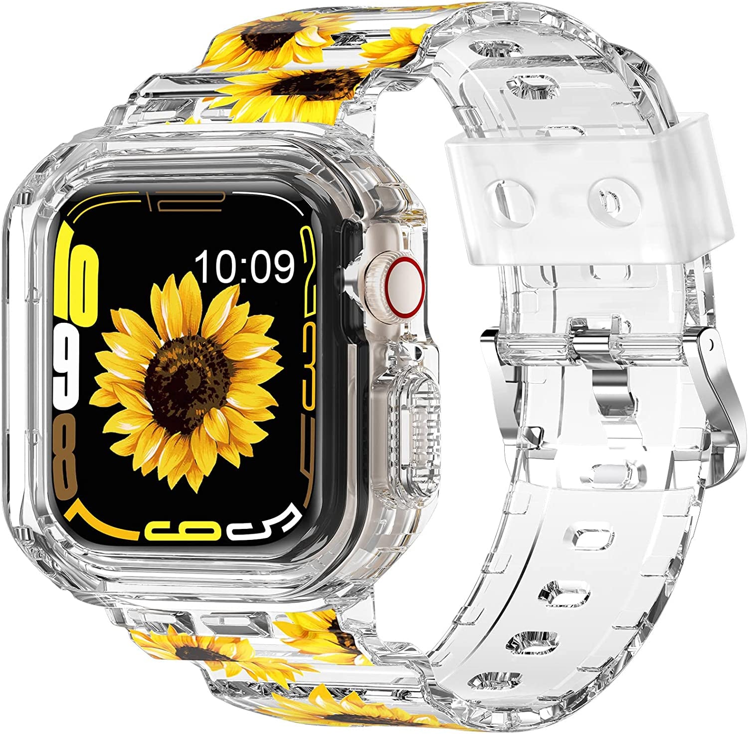 XYF Compatible for Crystal Clear Apple Watch Bands, 45Mm 44Mm 42Mm 41Mm 40Mm 38Mm 49Mm with Bumper Case for Men Women Jelly Sport Case and Band for Iwatch Ultra Series 8 7 SE/6 5 4 3 2 1  XYF Sunflower 42/44/45mm 