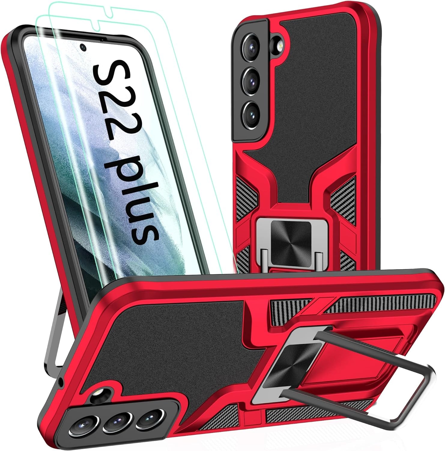 AKINIK for Samsung Galaxy S22 plus Case, S22 plus Case with Self Healing Flexible TPU Screen Protective [2 Pack],Military Grade Invisible Kickstand Case for Galaxy S22 plus (Black)  AKINIK Red  