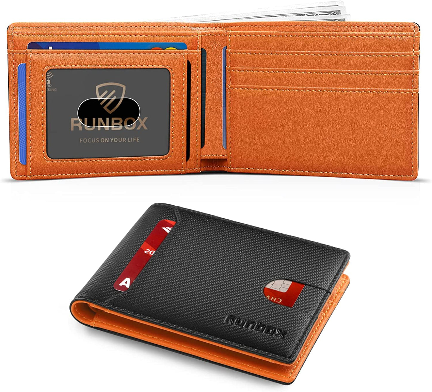 RUNBOX Bifold Slim Wallet for Men - Rfid Blocking Leather Front Pocket Men'S Wallet with Gift Box  RUNBOX fine carbon black orange  