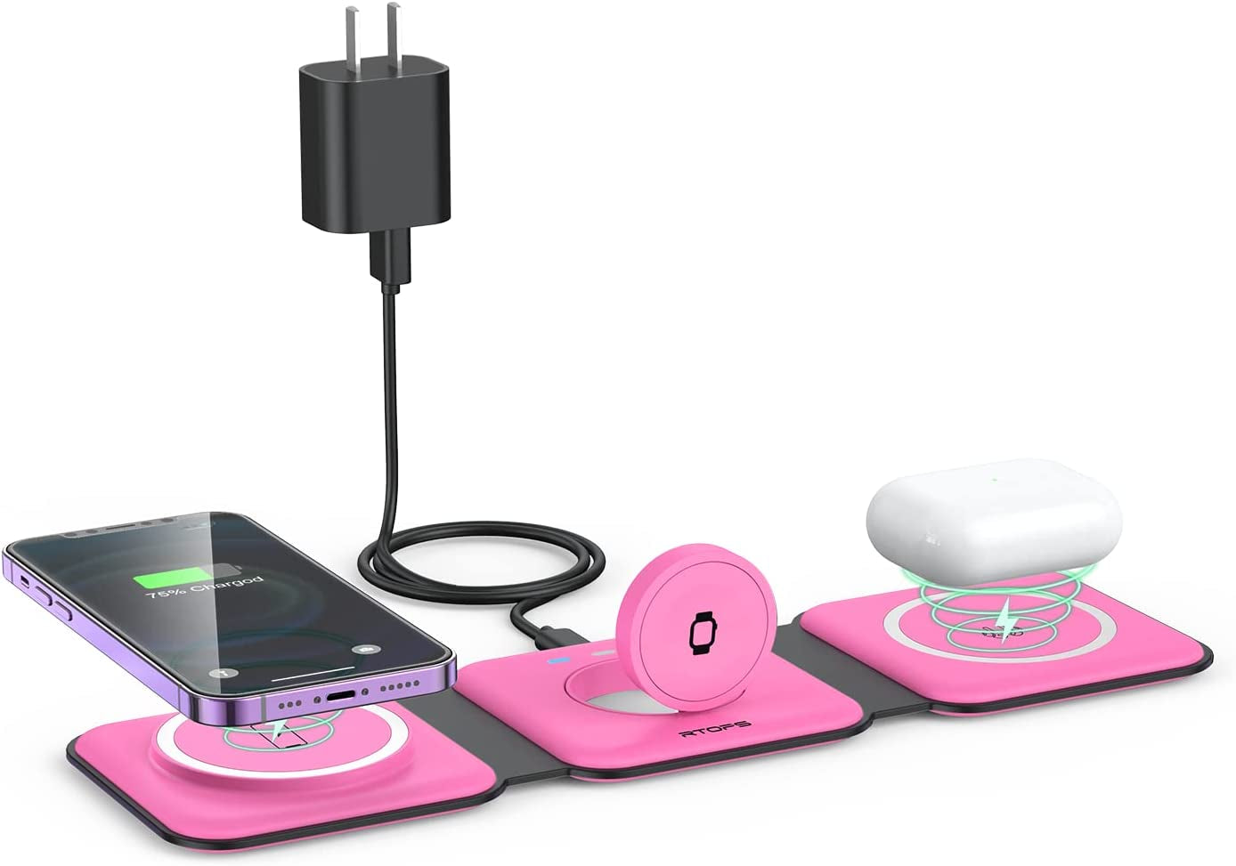 Wireless Charger 3 in 1,RTOPS Magnetic Travel Wireless Charging Station Multiple Devices,Gan 3 in 1 Charging Station,Compatible for Iphone 14/13/12/Pro/Max,Iwatch,Airpods 3/2/Pro(Adapter Includes)  DongGuanShi WeizhiChuang Technology Co., Ltd Rose Purple  