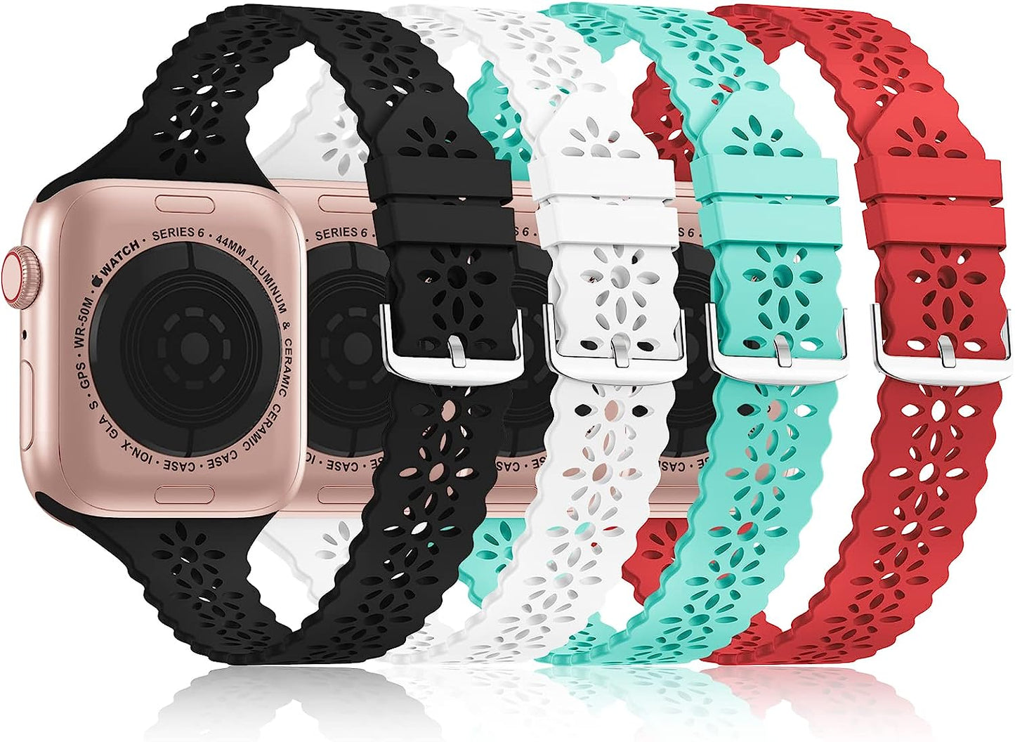Bandiction 4 Pack Lace Silicone Bands Compatible with Apple Watch Band 38Mm 40Mm 41Mm 42Mm 44Mm 45Mm 49Mm, Women Slim Thin Hollow-Out Sport Wristband for Iwatch Series Ultra 8 SE 7 6 5 4 3 2 1  Bandiction Black/White/Red/Tiff-Blue 42mm/44mm/45mm/49mm 