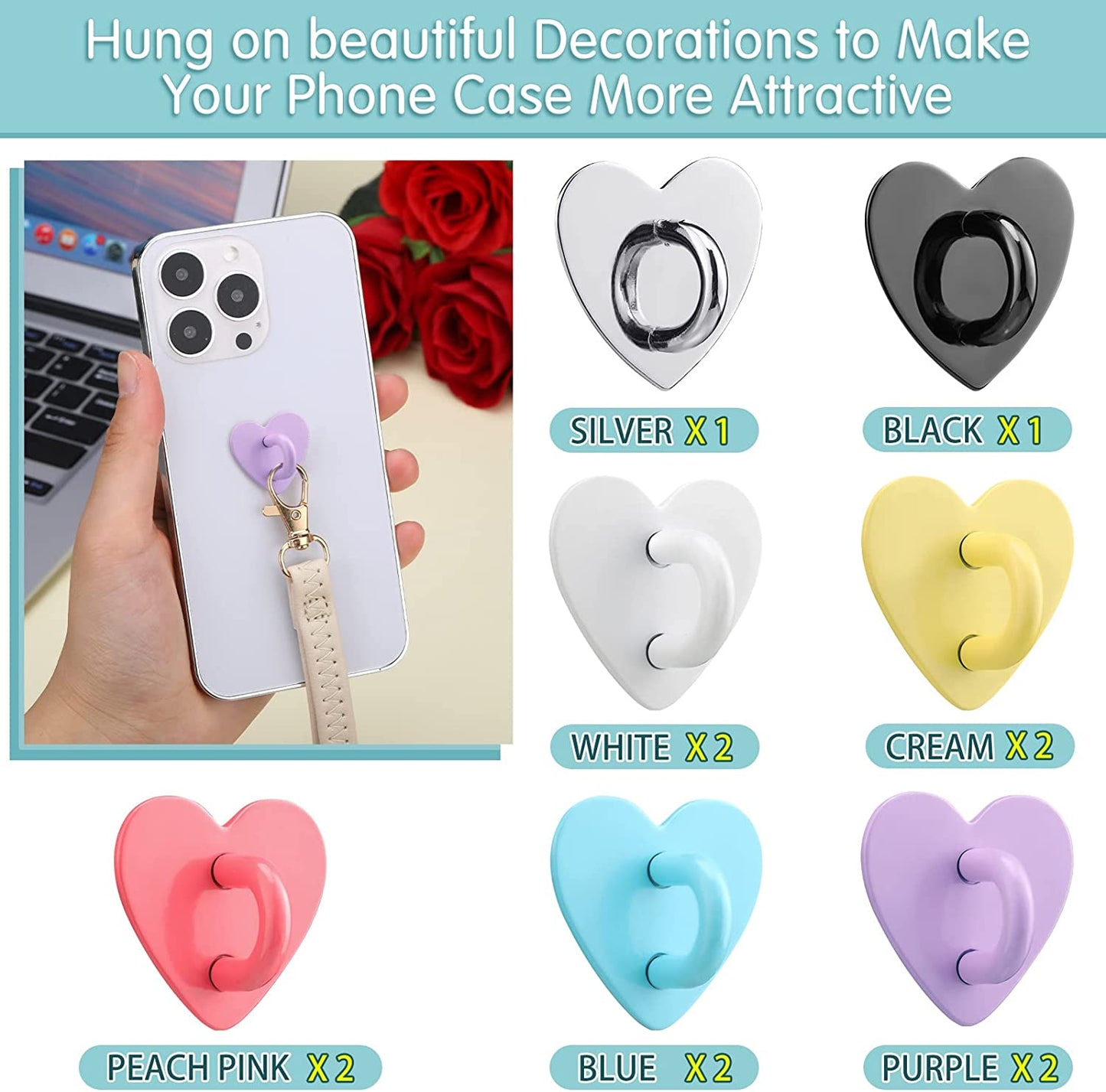 Lauwell 12 Pcs Cell Phone Finger Ring Adhesive Metal Phone Finger Grip Heart Shaped Cell Phone Ring Holder Phone Accessories Charm Loop Stand Phone Charm Hook for DIY Phone Case Pad Tablet Supplies  Lauwell   