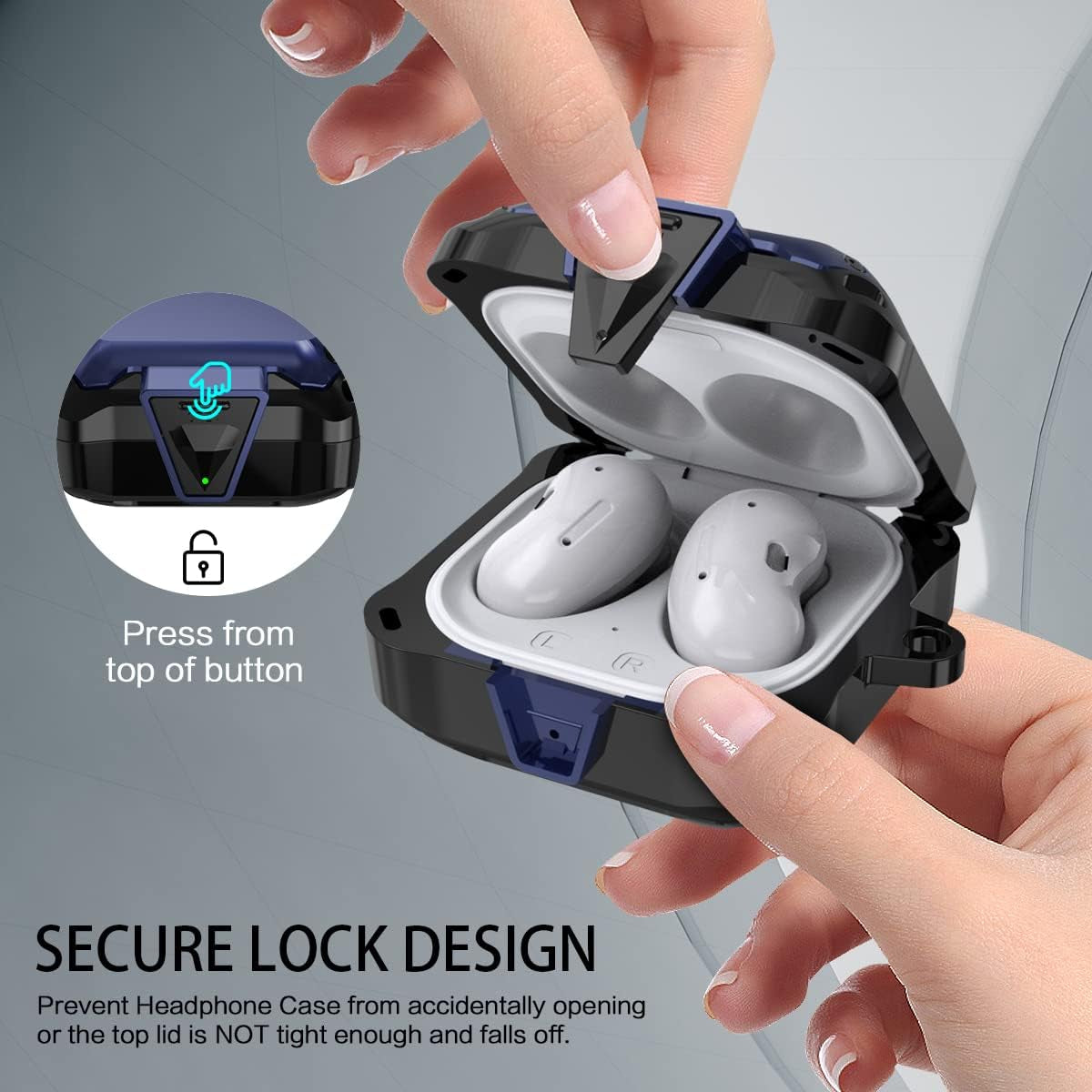 [With Lock] Case for Samsung Galaxy Buds Live Case/Galaxy Buds 2 Case/Galaxy Buds Pro Case, Security Lock Case Hard PC+TPU Protective Cover for Samsung Galaxy Buds 2 Case with Keychain & Strap (Blue)  Woocon   