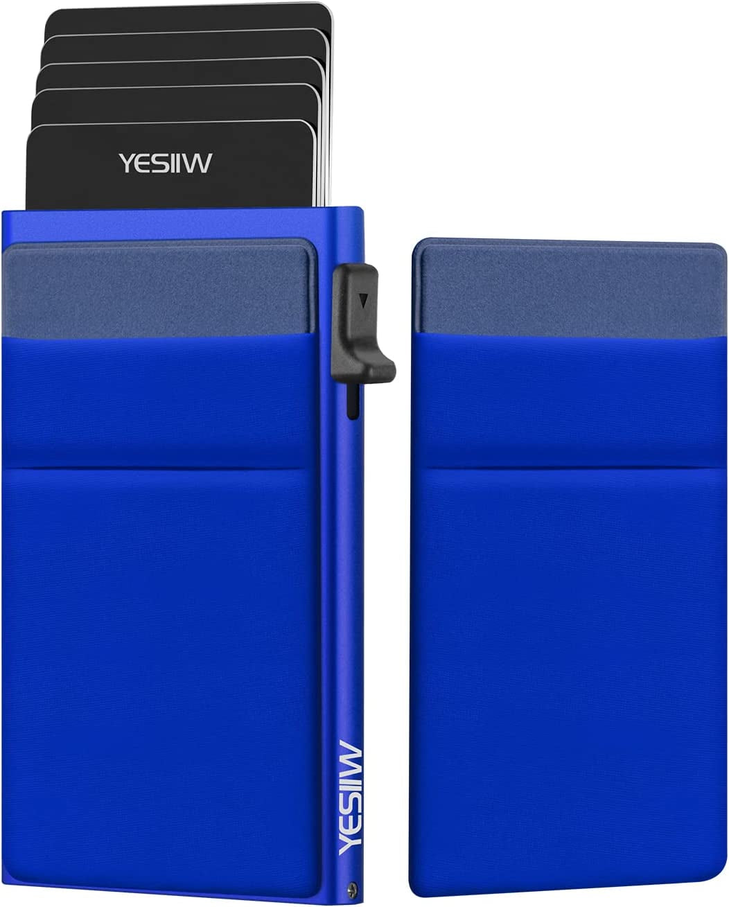 YESIIW Auto Pop up Credit Card Holder with Money Pocket | Minimalist Business Card Wallet RFID Blocking for Men | Smart Slim Aluminum Metal Debit Card Case Gifts for Dad Fathers | Space Gray  YESIIW A6 - Blue  