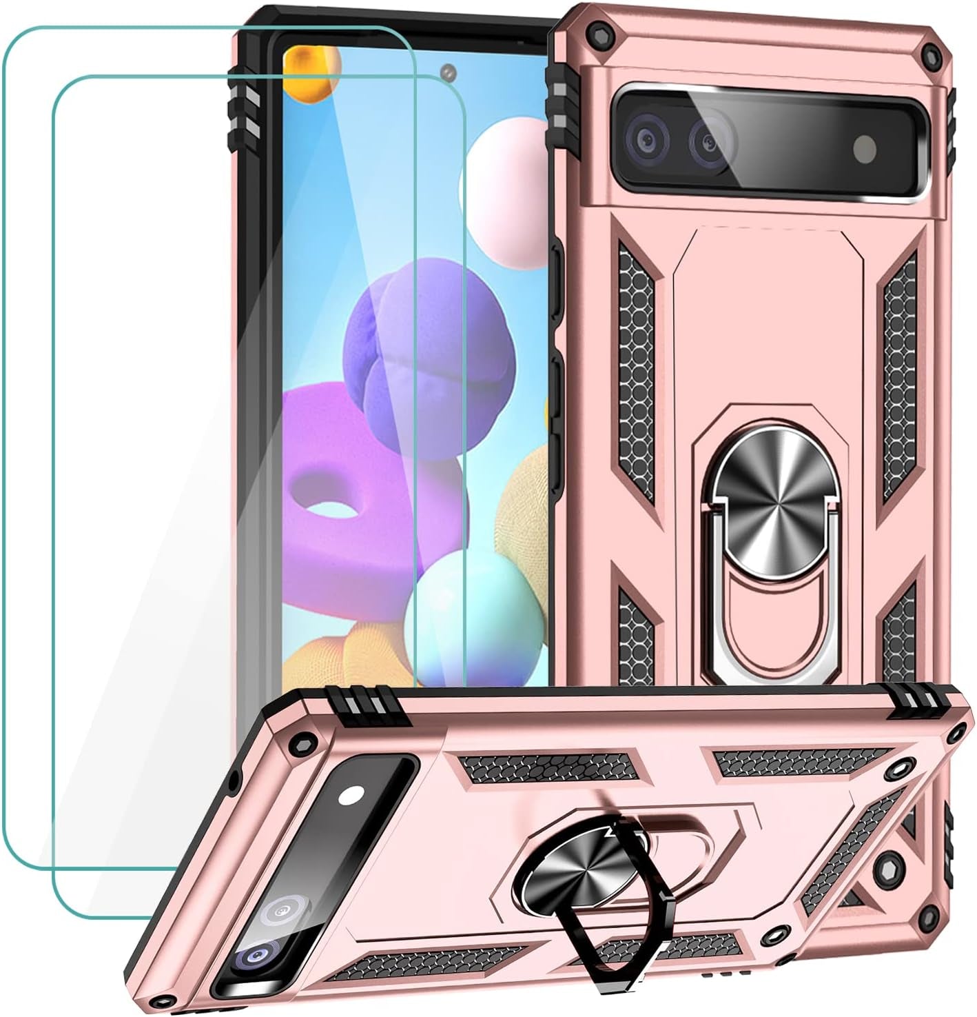 Muntinfe for Google Pixel 6A Case with Tempered Glass Screen Protector [2 Pack], Military-Grade Armor Shockproof Protective Phone Cover with Ring Magnetic Kickstand for Pixel 6A, Black  CAROL Rose Gold  