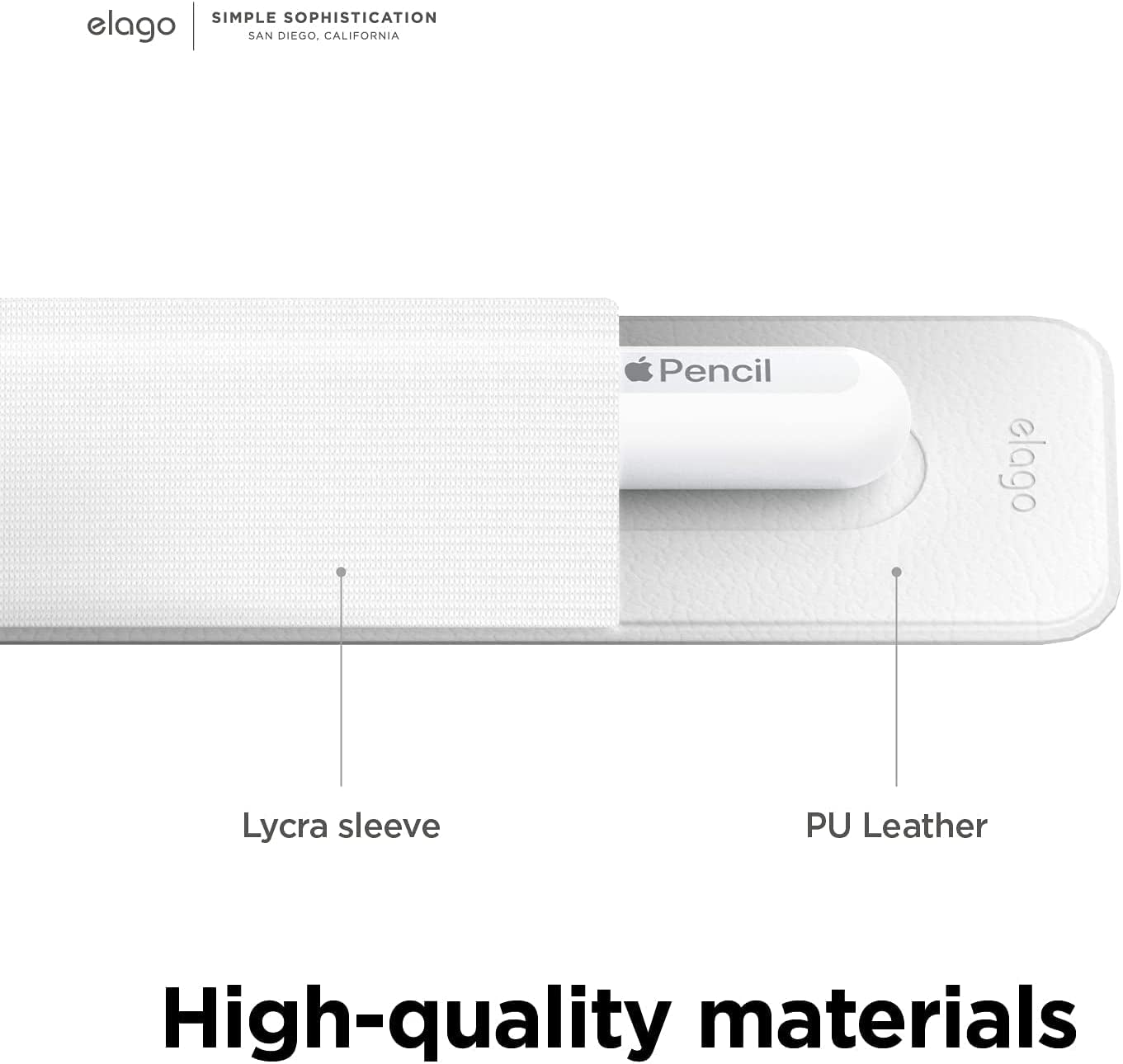Elago Pencil Holder Compatible with Apple Pencil 1 and 2, Strong Adhesive Sleeve, Attach to Tablet Case, PU Leather and Soft Lycra Material, Stylish Design, Elastic Pocket, Scratch-Free [White]  elago   