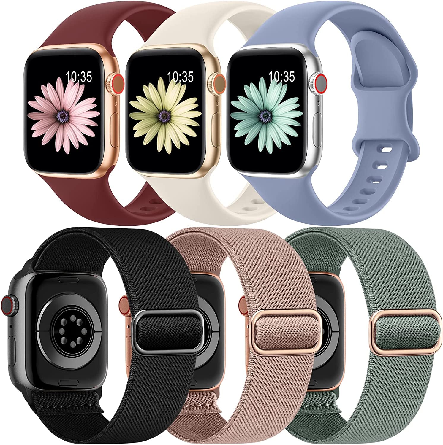 6 Pack Bands Compatible with Apple Watch Band 38Mm 40Mm 41Mm 42Mm 44Mm 45Mm 49Mm-3Pack Soft Silicone Strap, 3Pack Elastic Sport Wristbands for Iwatch Series Ultra 8 7 6 5 4 3 2 1 SE Women Men  iFuntec Color Combination 3 38/40/41mm 