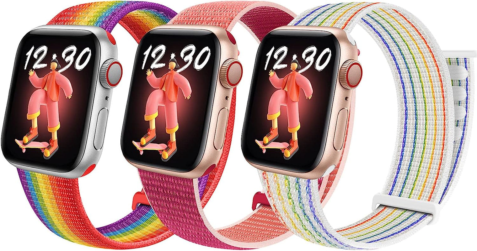 Asondig Compatible for Kids Apple Watch Band 3 Packs Nylon Sport Rainbow Band Replacement Boy Girl Loop Velcro Strap Soft Breathable Wristband for Apple Series 8/7/6/5/4/3/2/1/SE 38/40/41Mm&42/44/45Mm  Asondig Rainbow+Neon+Garnet Red 42/44/45mm 