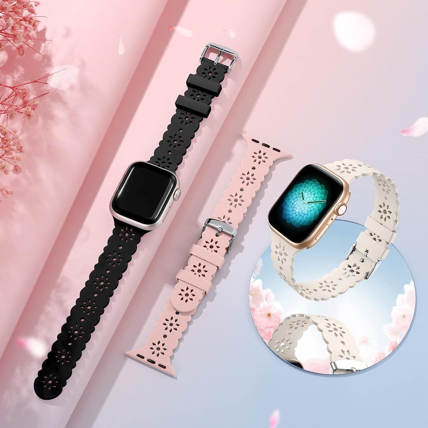 IMIVIO Hollow-Out Lace Slim Bands Compatible with Apple Watch 38Mm 40Mm 41Mm 42Mm 44Mm 45Mm 49Mm for Women Men, Hollow-Out Soft Replacement Strap for Iwatch Ultra Series 8 7 6 5 4 3 2 1 SE, 3 Pack  IMIVIO   