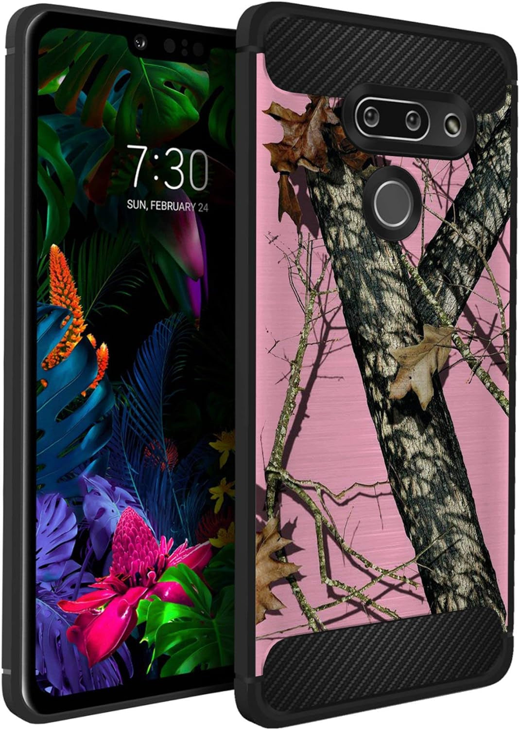 Casesondeck Flag Case Compatible with [LG G8 Thinq] Hunters Series Slim No Bulk Carbon Fiber Texture Black Flexible TPU Material (Deer Flag)  CasesonDeck Pink Hunters Camo  