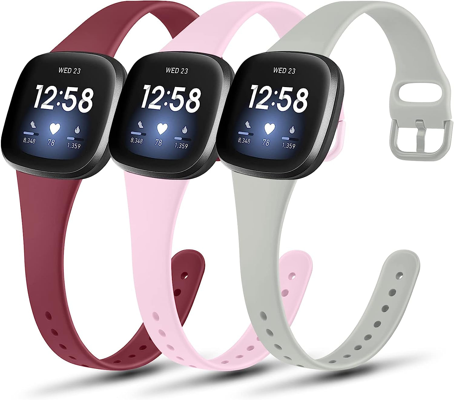 3 Pack Slim Soft Silicone Bands Compatible with Fitbit Versa 4 & Versa 3 Bands and Fitbit Sense 2 & Sense Bands for Women Men, Sports Wristbands Replacement Straps for Fitbit Versa 4 & 3 / Fitbit Sense 2 & Sense Smart Watch  AK Wine Red/Pink/Gray  