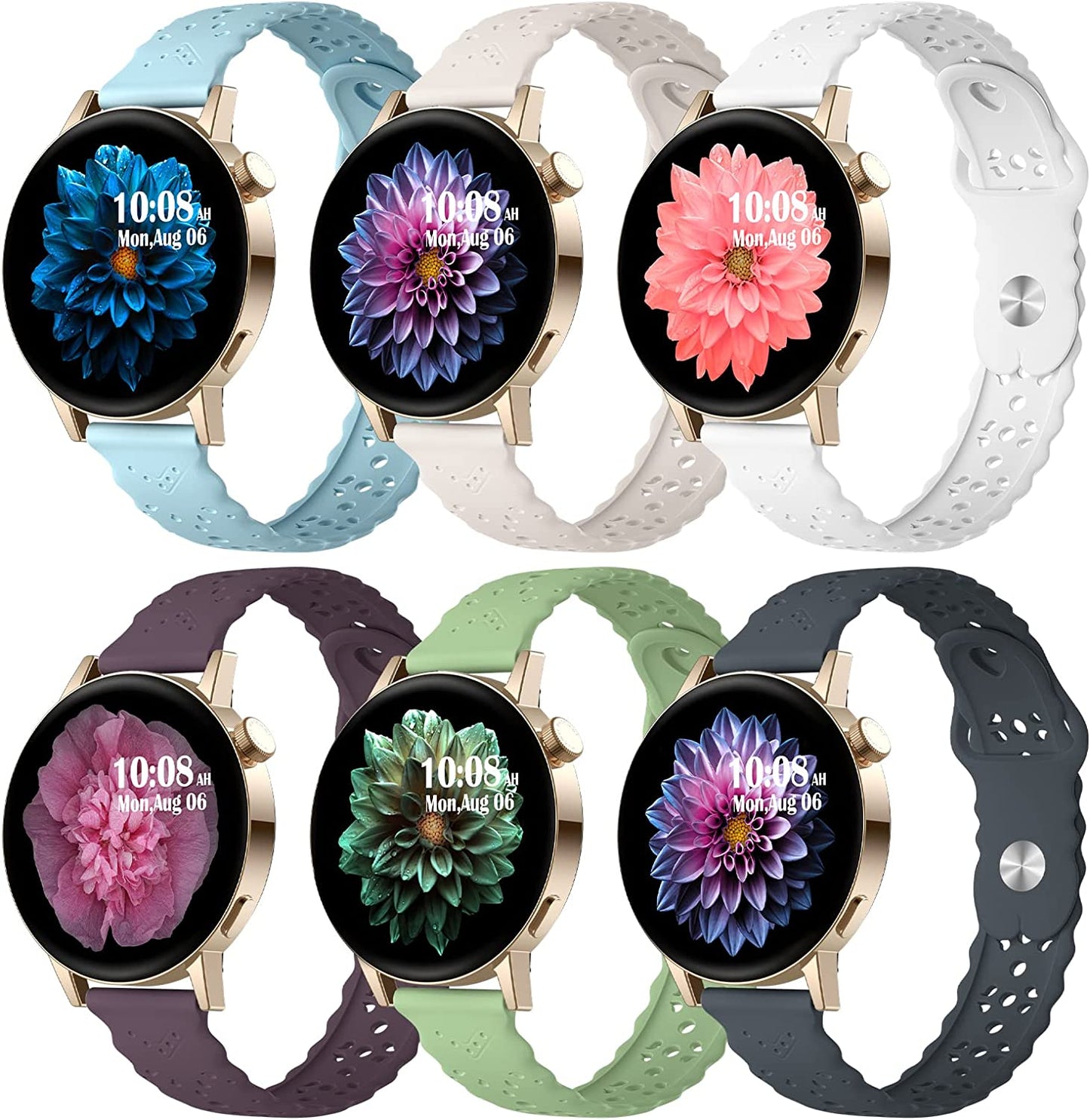 6 Pack Bands Compatible with Samsung Galaxy Watch 5 Band 40Mm 44Mm/5 Pro 45Mm, Galaxy Watch 4 Band 40Mm 44Mm/Watch 4 Classic/Galaxy Watch 3 41Mm, 20Mm Slim Sport Lace Silicone Wristband for Women  AIZHINENG Dark Grey/White/Turquoise/Starlight/Cherry/Mint  