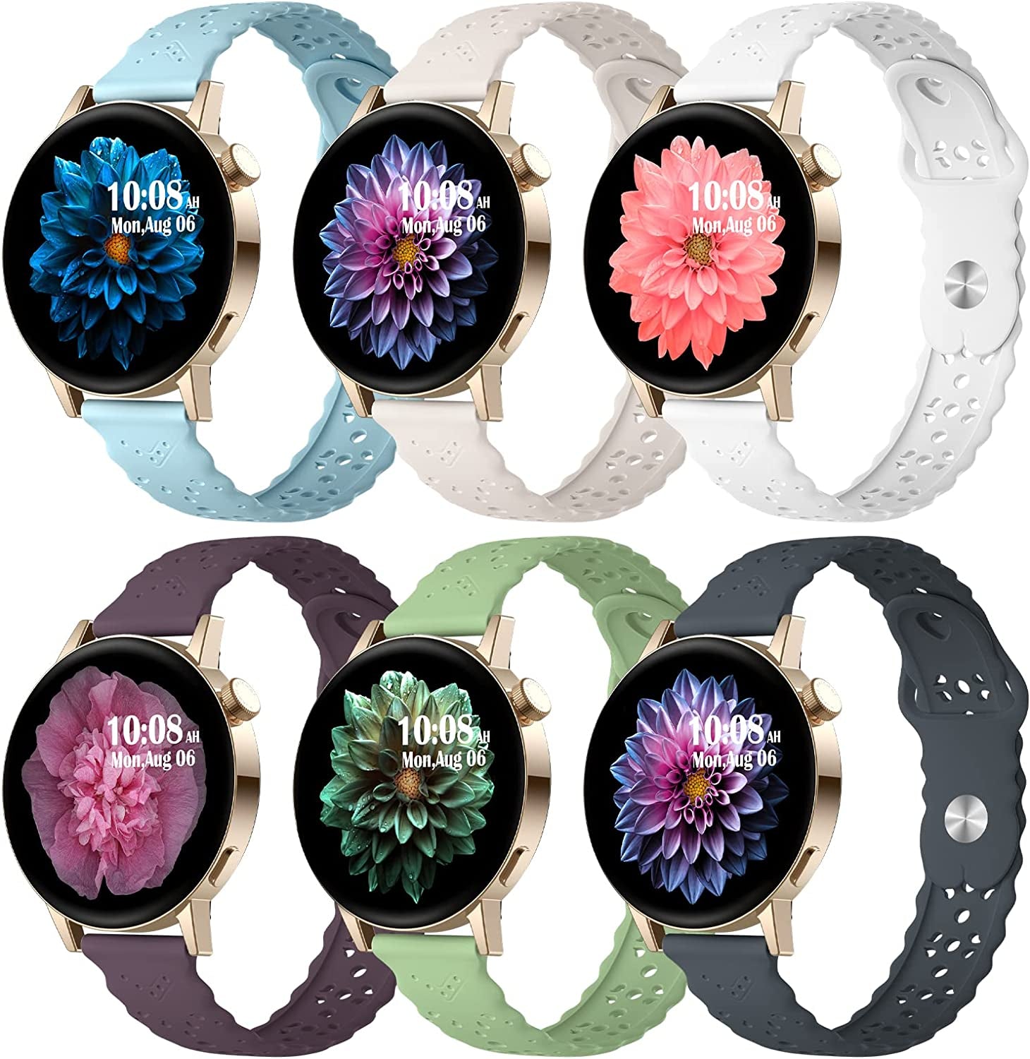 6 Pack Bands Compatible with Samsung Galaxy Watch 5 Band 40Mm 44Mm/5 Pro 45Mm, Galaxy Watch 4 Band 40Mm 44Mm/Watch 4 Classic/Galaxy Watch 3 41Mm, 20Mm Slim Sport Lace Silicone Wristband for Women  AIZHINENG Dark Grey/White/Turquoise/Starlight/Cherry/Mint  