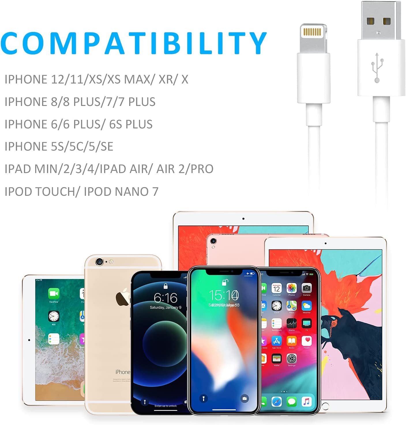 Plmuzsz (Apple Mfi Certified) Iphone Charger Cable, 3Pack Data Sync Charging Cords with 3Pack USB Wall Charger Travel Plug Adapter Compatible Iphone 12 Pro/11 Pro/Xs/Xr/X/8/8Plus and More  ZUQIETA   