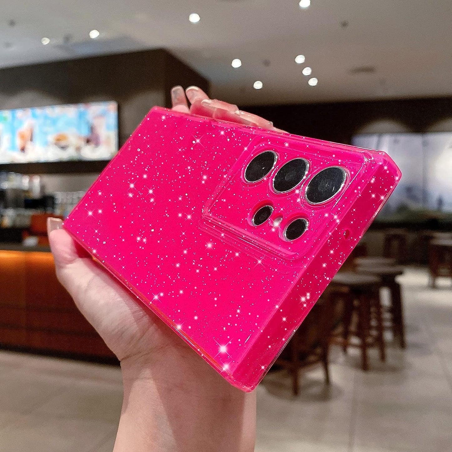 OWLSTAR Compatible with Samsung Galaxy S22 Ultra Case Cute Glitter Neon Bumper, Slim Flexible Protective Sparkly Bling Phone Cover for Women Girls (Hot Pink)  OWLSTAR   