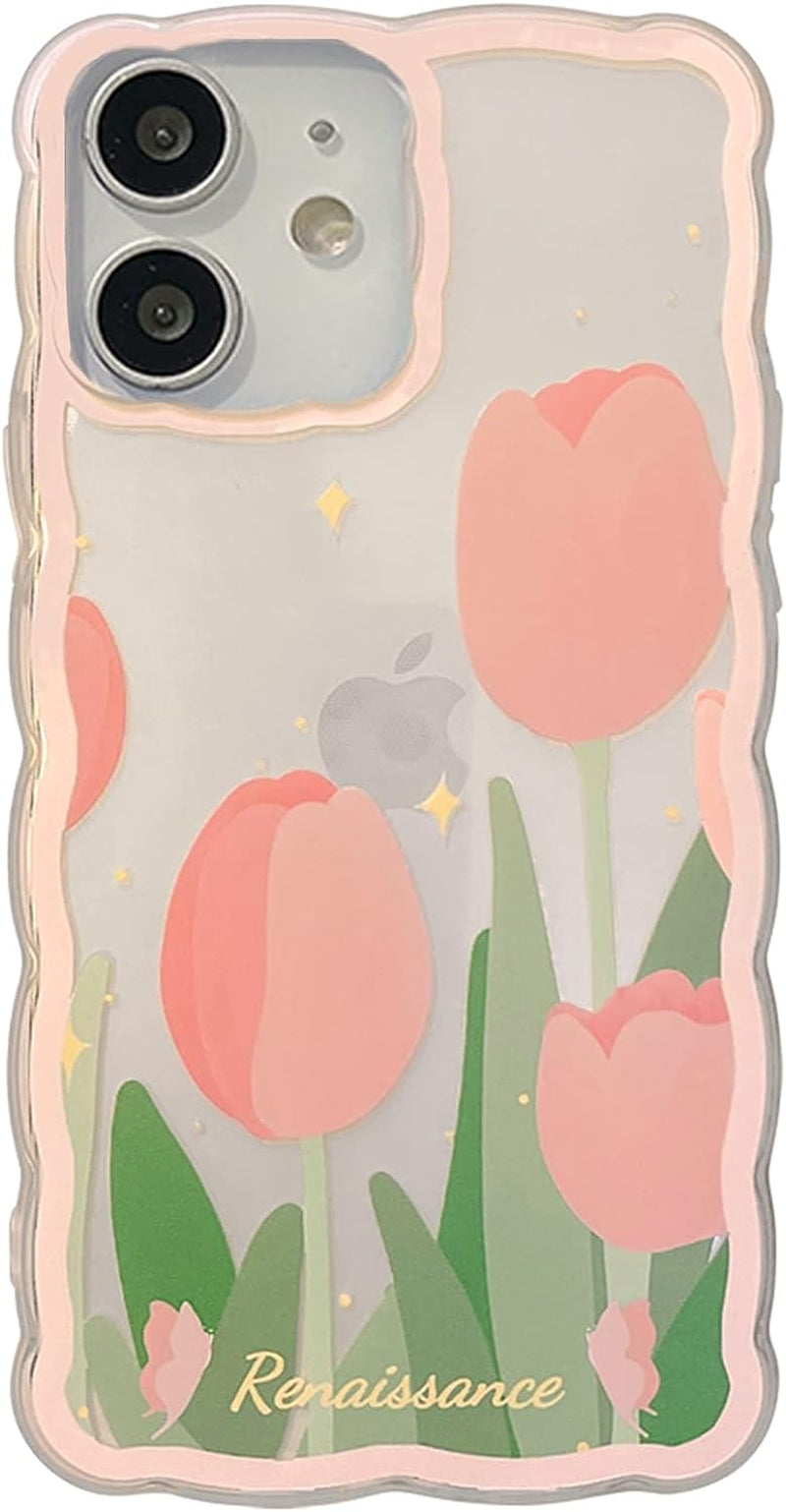 GUSDBSW Cute Iphone 14 plus Case for Women Girls, Lovely Floral Strawberry Pattern Wave Comfortable Grip Design for Girly, Slim Thin Soft Flexible TPU Clear Protective Phone Case - Blueberry Flower  GUSDBSW Tulip Flower Iphone 12 