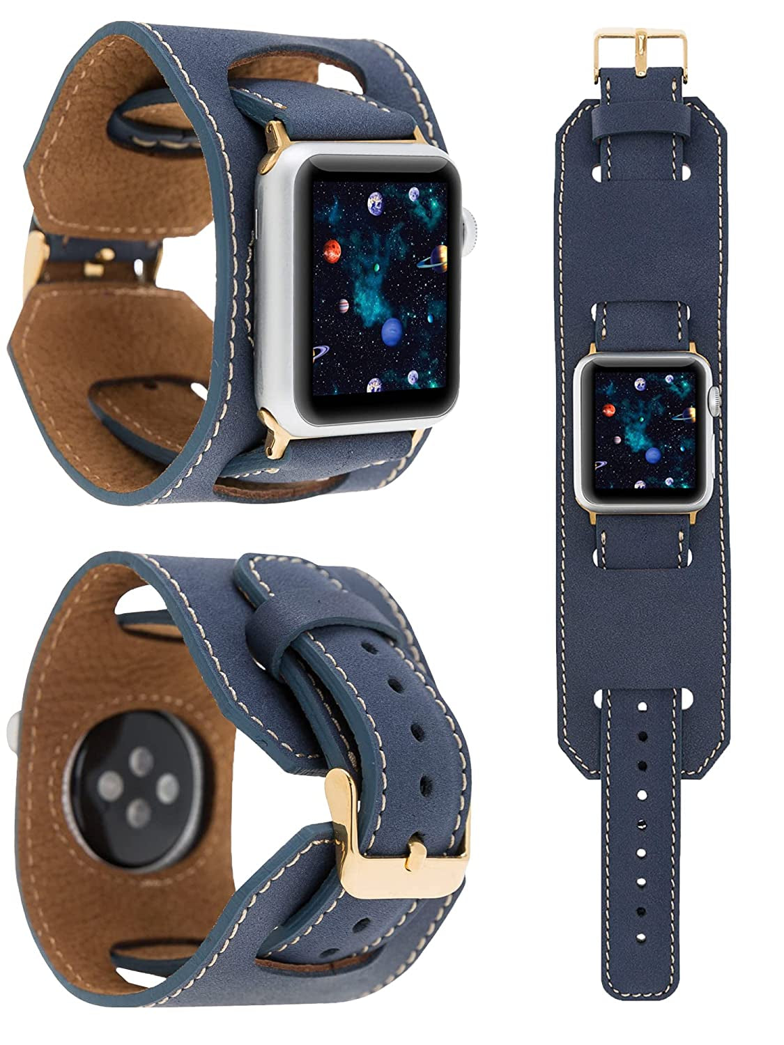 HARDISTON Cuff Watch Band Compatible with Apple 44Mm for Men & Women, Handmade Genuine Leather, Compatible with Iwatch Series 7 6 5 4 3 2 1 SE, Wrist Bracelet Arm Band, Medium/Band-Russet  HARDISTON Band-Navy iWatch-45mm / Band-Medium 