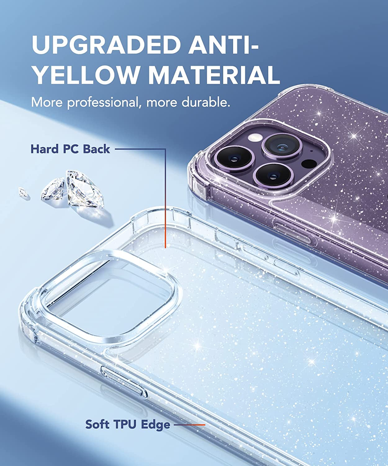 BERFY Glitter Case for Iphone 14 Pro Max, with 2Pcs Screen Protector+2Pcs Camera Protector, [Non-Yellowing] Clear Bling Sparkle Cute Shockproof Phone Case for Women, 6.7 Inch Cover, Glitter Clear  BERFY   