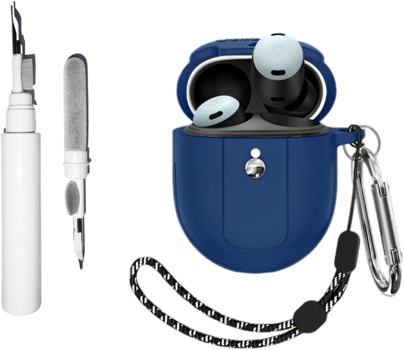 [4 in 1] Compatible for Google Pixel Buds Pro 2022 Cases with Cleaning Kit, Front LED Visible Soft Silicone Protective Cover Skin with Keychain/Lanyard  CASEVERSE Blue  