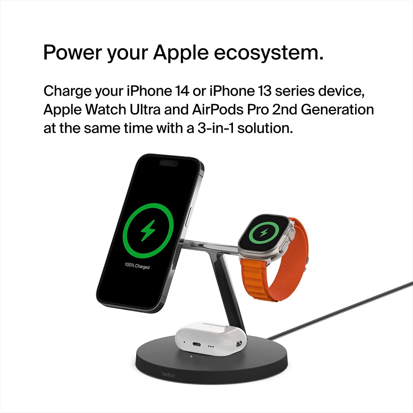 Belkin Magsafe 3-In-1 Wireless Charging Stand - 2ND GEN W/ 33% Faster Wireless Charging for Apple Watch - Iphone 14, 13 & 12 Series & Airpods - Magsafe Charging Station for Multiple Devices - Black  Belkin   