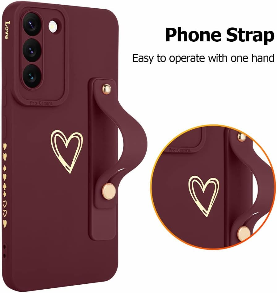 Fiyart Galaxy S22 5G Case - Cute Love Hearts, Slim Protective Cover, Camera Protection, Stand Holder & Wrist Strap, 6.1" - Wine Red  Fiyart   