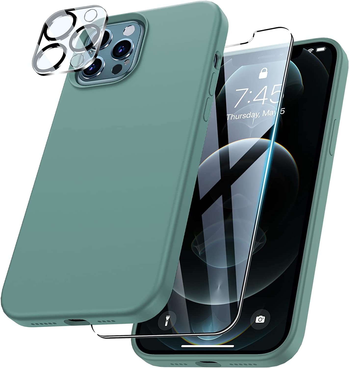 Uyiton [5 In1] Liquid Silicone Iphone 12 PRO Max Case, [Drop Protection] [Full Covered] Shockproof Slim Thin Cover with Microfiber Lining, with 2Xscreen Protector +2Xcamera Lens Protector-Green  Uyiton   