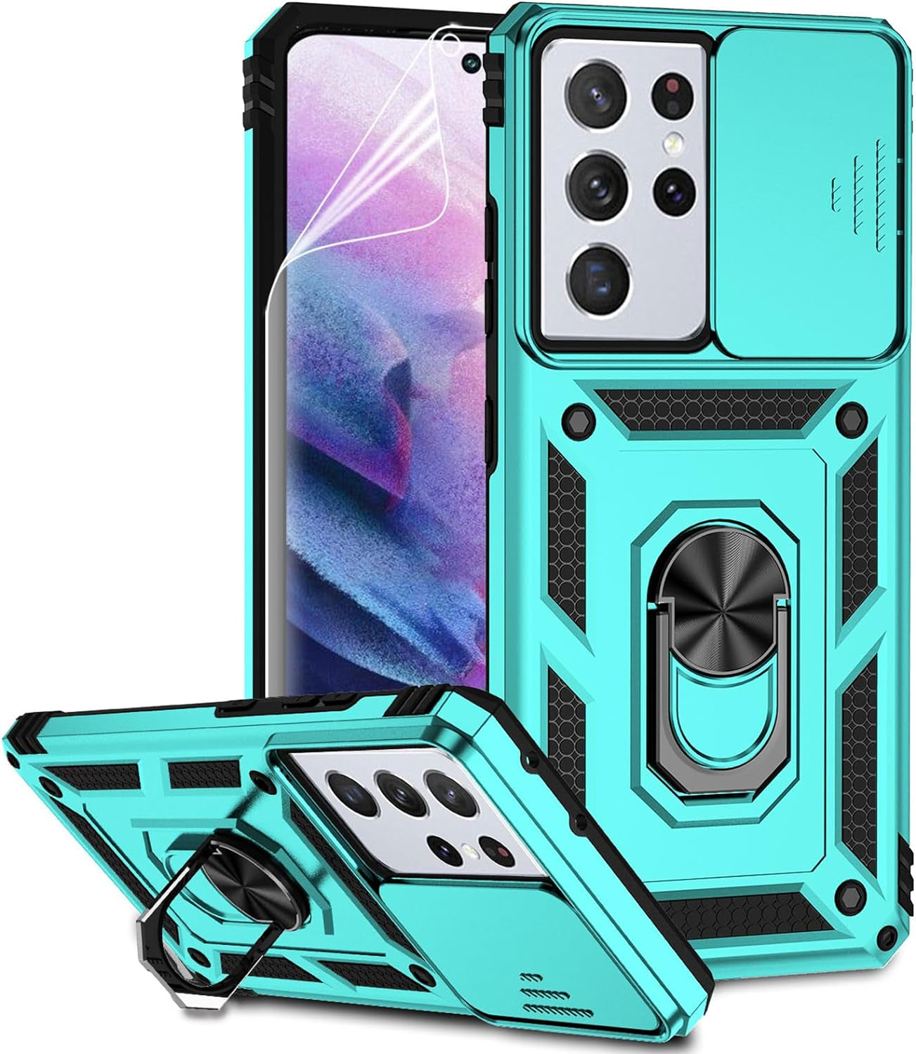 For Samsung Galaxy S21 Ultra Case with Camera Lens Cover HD Screen Protector, Military-Grade Drop Tested Magnetic Ring Holder Kickstand Protective Phone Case for Samsung Galaxy S21 Ultra 5G (Black)  JINZHI Inc Mint With Camera Cover Military-Grade 2Nd Gen  