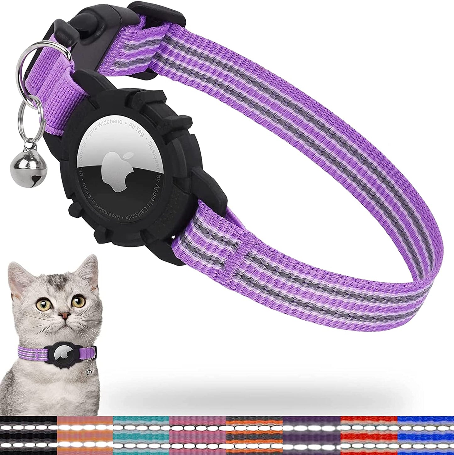 FEEYAR Airtag Cat Collar,Integrated Kitten Collar with Apple Airtag Holder, Reflective GPS Cat Collar with Bell[Pink], Lightweight Tracker Cat Collars for Girl Boy Cats, Kittens and Puppies  FEEYAR Purple 9-13 Inch 