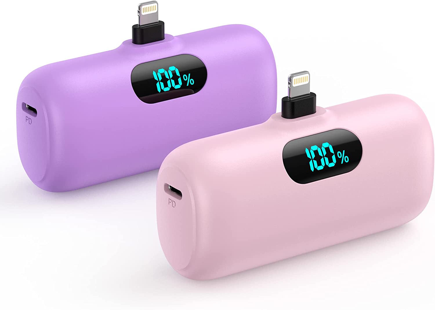 [2 Pack]Mini Portable Charger 5000Mah,Ultra-Compact 15W PD Fast Charging Power Bank,Lcd Display Cute Battery Pack Backup Charger Compatible with Iphone 14/14 Pro Max/13/13 Pro/12/Xr/8/7/6-Black+White  Dongguan Yuanhaoxun Technology Co., Ltd Pink+Purple  