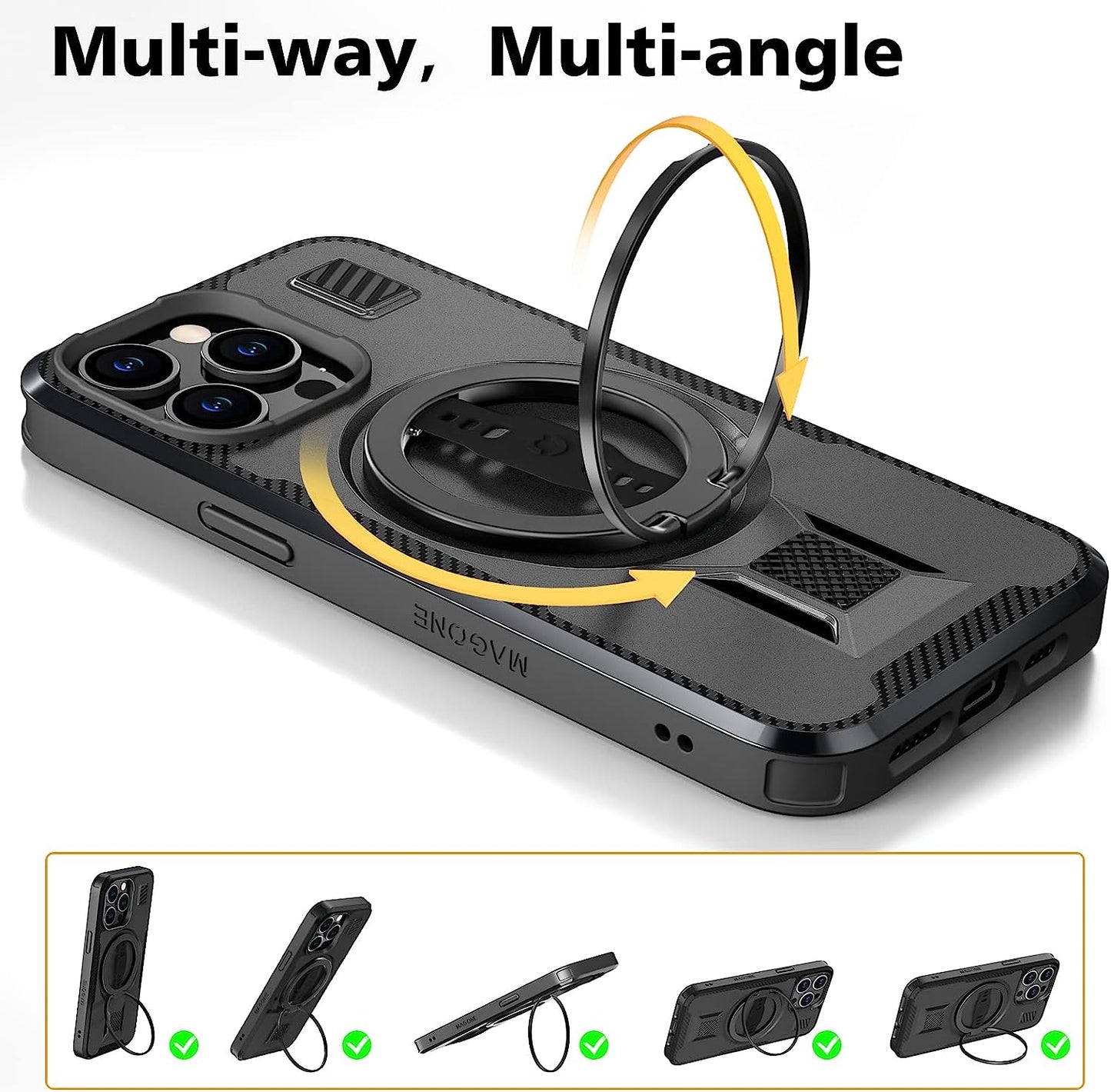 EWA Magone Case Designed for Iphone 14 Pro Max Case Compatible with Magsafe with Ring Stand, Strap Grip, Dual Magnet Stick to Metal, Rugged Shockproof Protective (Black)  EWA   