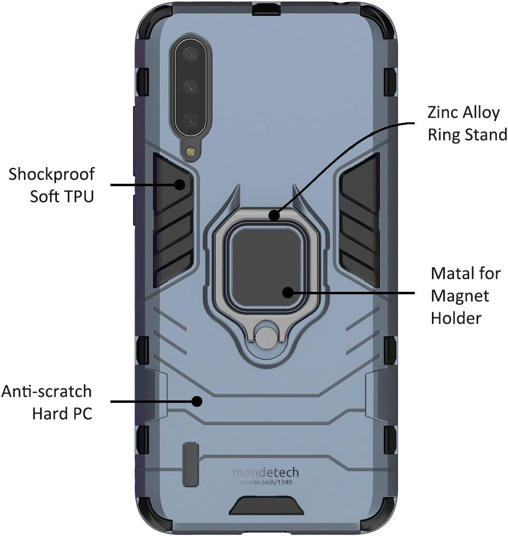 Mondetech for Xiaomi Mi 9 Lite/Cc9/A3 Lite Case with Screen Protector, Slim Drop Protection with Ring Stand, Magnetic Holder Compatible, 9H Tempered Glass Screen Film, Outdoor Shockproof Cover, Blue  mondetech   