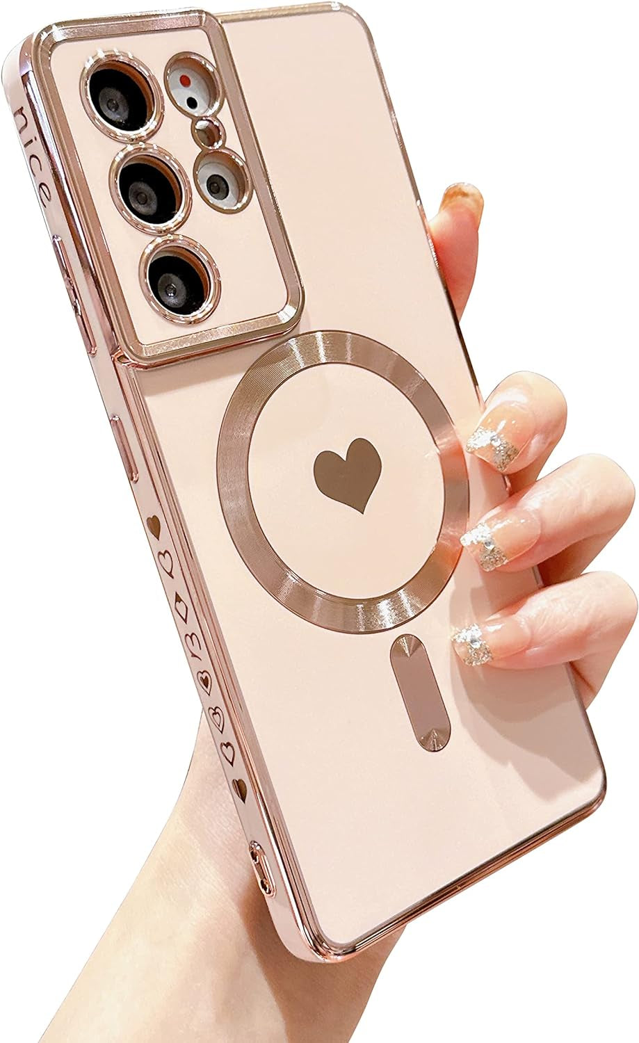 VANIPUFF Magnetic Phone Case for Samsung Galaxy S21 Ultra 5G [Compatible with Magsafe] Luxury Plating Cute Love Heart Soft Silicone Protective Shockproof Cover for Galaxy S21 Ultra 6.8” (Blue)  VANIPUFF\1 Pink  